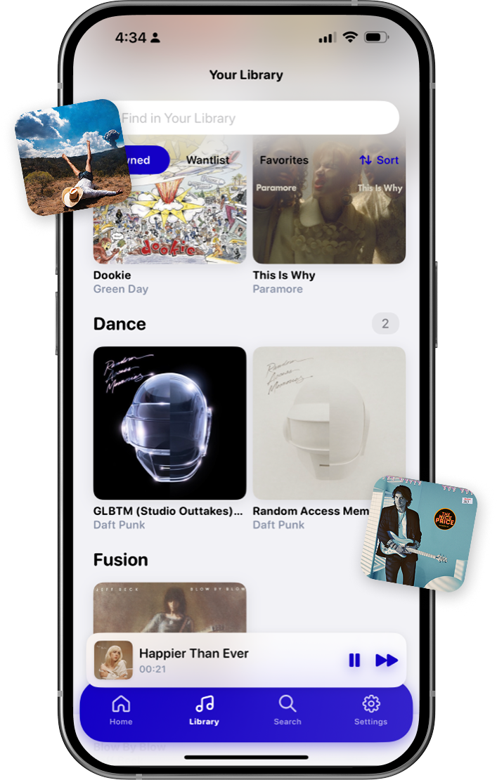 Albums app smart music discovery feature showing artist profiles and album search results